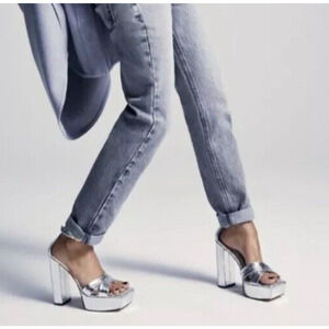 Good American Block High Heel Platform Sandal US 9 Silver Snake Embossed NEW NIB